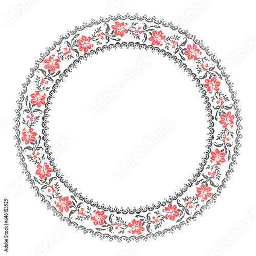 Vector illustration of Ukrainian floral ornament in ethnic style, identity, vyshyvanka, embroidery for print clothes, websites, banners. Background. Geometric design, border, copy space, frame
