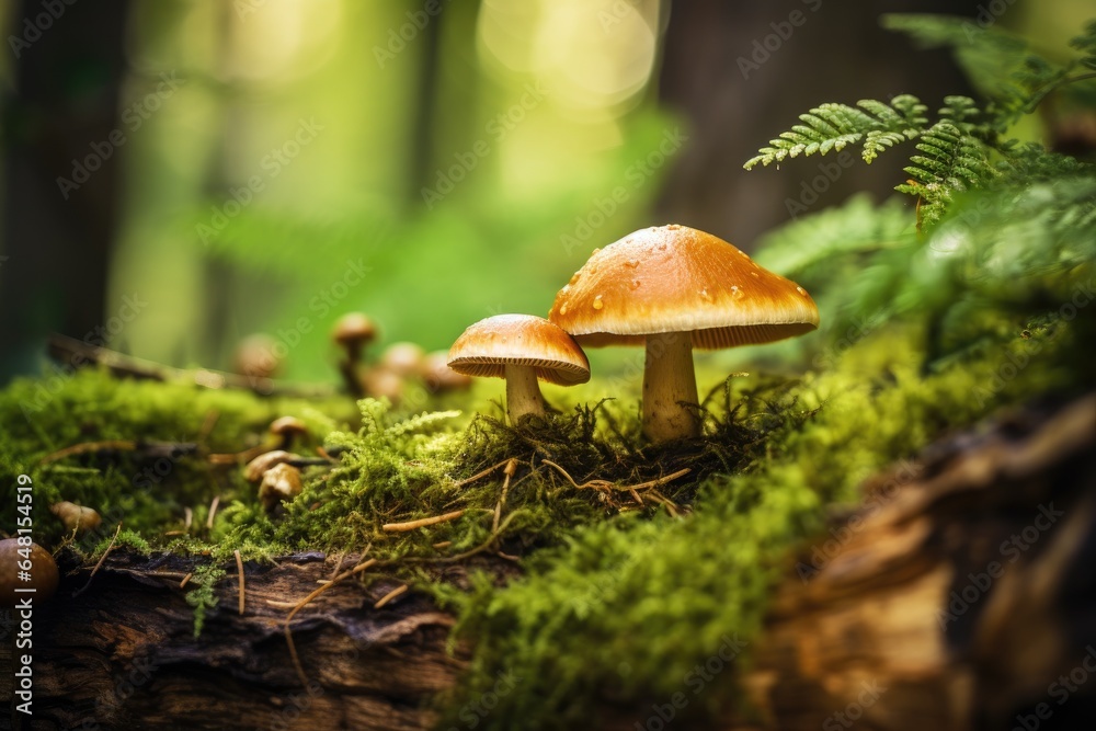 Mushroom growing in forest lit by setting warm sunrays. Mushroom growing in forest lit by setting warm sunrays.