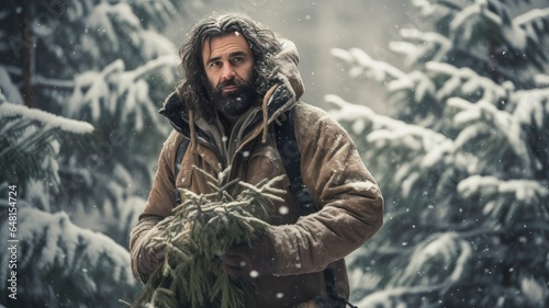 Man in a snowy pine forest in the middle of the snow photo