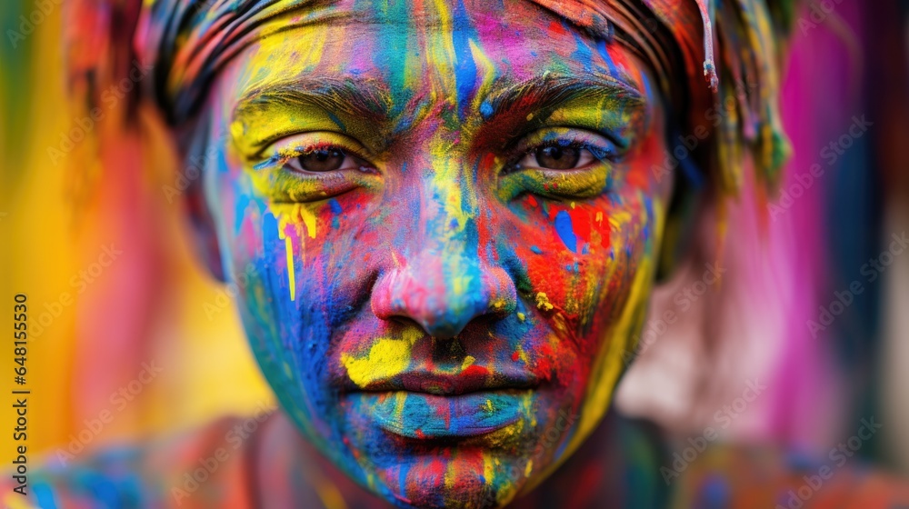 In a vibrant close-up at the Holi festival in India, a joyous woman's expressive face is adorned with colorful paint, embodying the festive spirit of this cultural celebration.