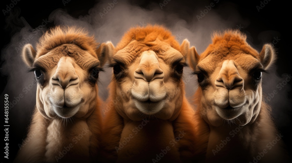 Close-up of three curious camels striking a funny pose, looking at the camera, against a dark background - obrazy, fototapety, plakaty 