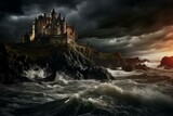 Image of an old castle beside the ocean as a storm looms. Generative AI