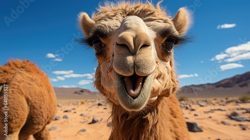 A happy camel  close-up portrait with a charming smile against the sandy desert s blue sky  a unique moment in the Sahara wilderness.