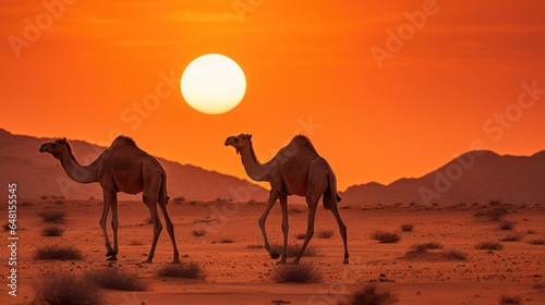 Two wild camels crossing the desert's sand dunes at sunset, with the sun setting above the horizon. A tranquil and dramatic scene in the arid wilderness.