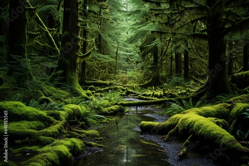 Fresh, green Canadian rainforest with moss-covered trees in Golden Ears Provincial Park near Vancouver, BC. Generative AI