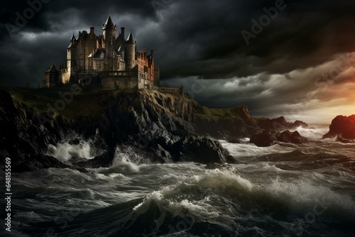 Image of an old castle beside the ocean as a storm looms. Generative AI