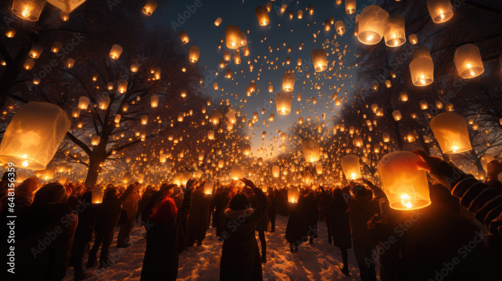 people release glowing balloons into the sky - obrazy, fototapety, plakaty 
