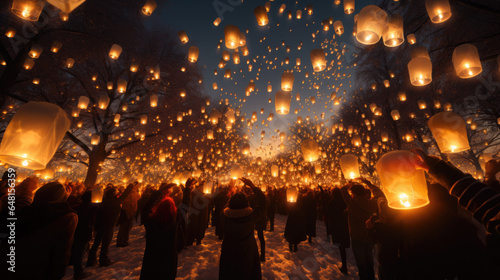 people release glowing balloons into the sky