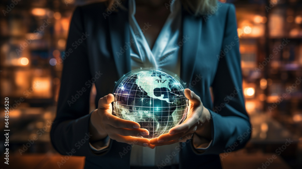 Fototapeta premium Businessman working with a digital phone or tablet on blurry dark bokeh background,