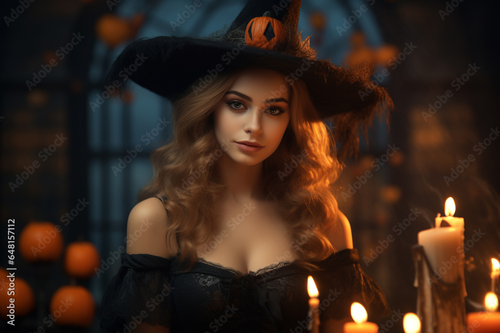 Young woman dressed in a witch costume, on Halloween. Young woman dressed in a witch costume, on Halloween.