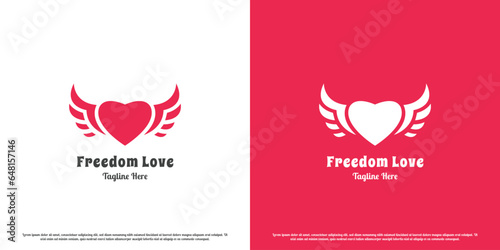 Wing love logo design illustration. Flat silhouette of heart wing fur love affection young couple free romance. The concept of happy tenderness simple modern minimalist geometric subtle quiet.