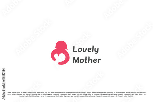 Mother love logo design illustration. Silhouette shape of person woman mother mom family love heart caring affection. Flat abstract template concept simple happy minimalist subtle young quiet modern.