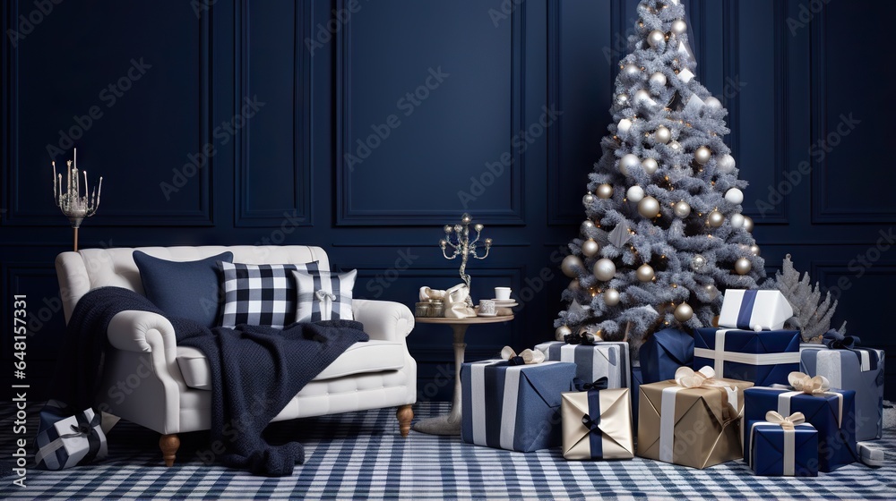  a living room with a christmas tree and presents on the floor.  generative ai