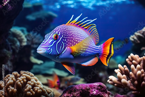 A large colorful fish swims near algae and corals. The underwater sea world, deepsea animals and the marine ecosystem.