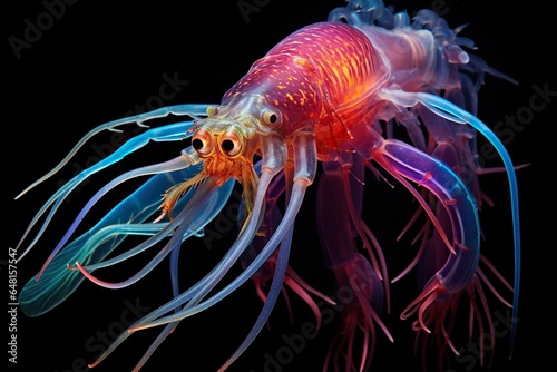 A multicolored jellyfish is swimming. The underwater sea world, deepsea animals and the marine ecosystem.