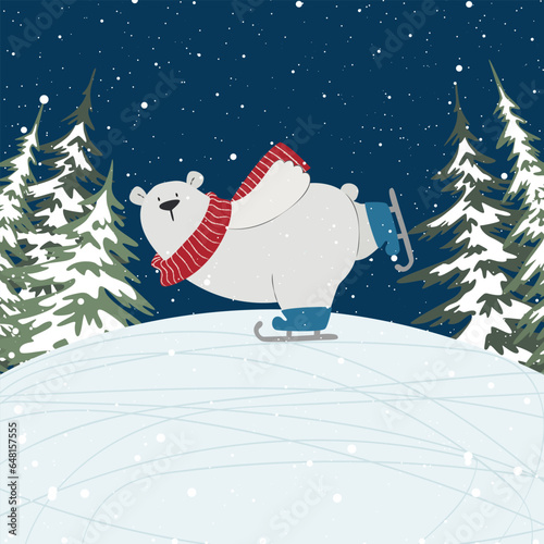 Winter picture. Polar bear on skates.