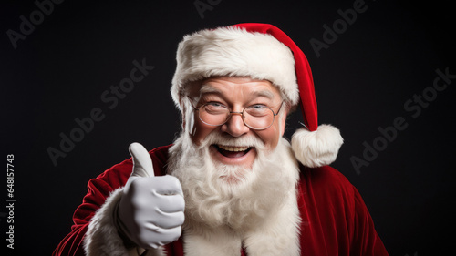 Portrait of santa claus in red christmas suit shows class thumb up to the camera laughing and excited christmas is coming