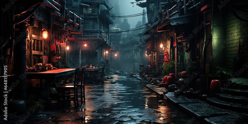 AI Generated. AI Generative. Traditional Japanese city town walking street night life in rain time. Cityscape adventure travel explore. Future cyberpunk asian vibe.