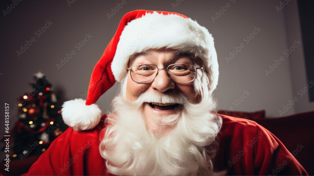 Happy smiley Santa's having fun in a room filled with Christmas decorations, and he's taking a photo of himself Happy smiley Santa's having fun in a room filled with Christmas decorations, and he's taking a photo of himself