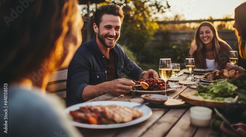 Young people enjoying delicious barbecue dinner party drinking red wine. Multiracial family having diner time together outside. Happy friends eating fresh food sitting at table. generative AI