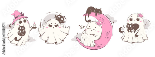Clipart set with cute kawaii ghosts and cats. Halloween character vector illustration in pink retro colors.