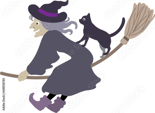 Halloween editable illustration element of spooky flying wicked witch with cat on a broom. cute & fun  background material