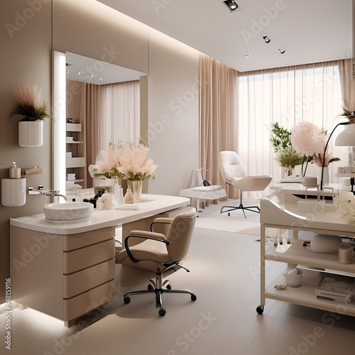 a minimalistic beauty salon in beige tones, a manicure master's work area photo