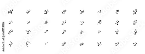 Hand drawn round corner shine. Sunburst sparkle element. Doodle radial line rays. Sun burst doodle icon. Explosion frame. Idea and exclamation symbol. Elements isolated on transparent background