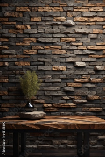 a wooden table with background brick wall made with Generative AI