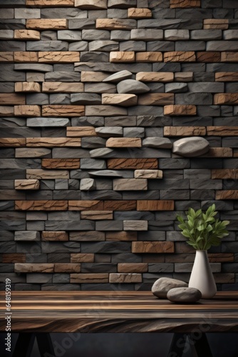 a wooden table with background brick wall made with Generative AI