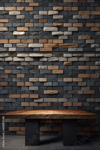 a wooden table with background brick wall made with Generative AI