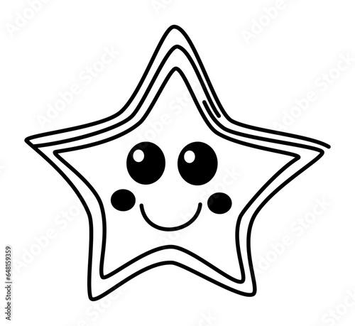 Star - A Few Overlapping Lined Design Adding Differentiation in a Freehand Drawn Shape, Featuring Big Eyes and Cheeks, Also a Big Smile, Characterized by Clear Black Bold Outline Vector
