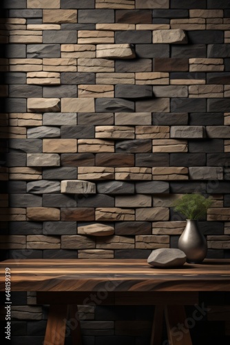 a wooden table with background brick wall made with Generative AI