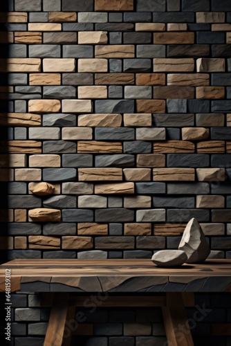 a wooden table with background brick wall made with Generative AI