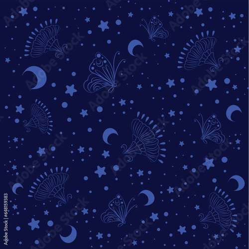 Gorgeous painting of moths, moons, stars with carnation on a beautiful, vibrant, colorful purple background. Great for printing and decoration.