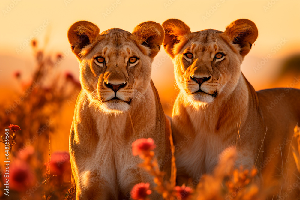 Image of a graceful and imposing lioness and her cub, African savannah