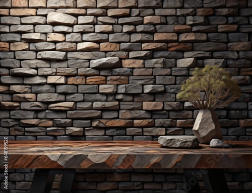 a wooden table with background brick wall made with Generative AI