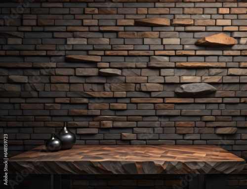 a wooden table with background brick wall made with Generative AI