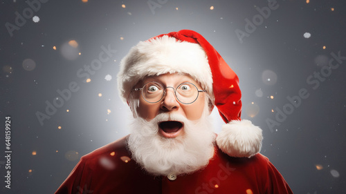 Joyful Santa Claus with a white beard caught in a candid moment in snowfall standing in studio over dark background