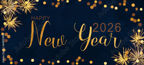 Happy New Year 2026 New Year's Eve Sylvester celebration holiday greeting card with text - Frame made of gold bokeh lights and golden firework on dark blue night sky