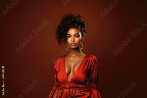 Young beauty stylish african american woman in a red dress with a deep neckline on vinous background, portrait of black fashion sexy model with beautiful makeup and hairstyle photo