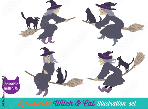 Halloween editable vector illustration element set of spooky flying wicked witch with cat on a broom. cute & fun collection of background material