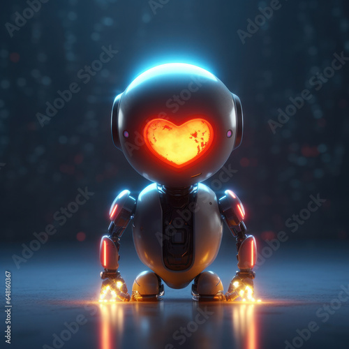 A small cute friendly robot with a glowing heart at its core. Generative Ai