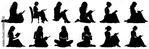Woman reading book silhouettes set, large pack of vector silhouette design, isolated white background