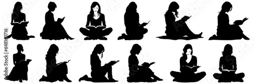 Woman reading book silhouettes set, large pack of vector silhouette design, isolated white background