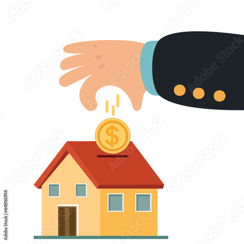 Hand putting coin in house piggy bank vector