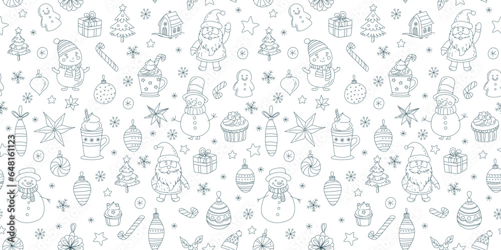 Christmas Doodle Seamless Pattern Santa Claus, Snowmen, Hot Chocolate Festive Holiday