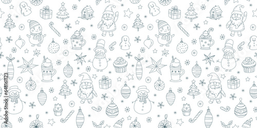 Christmas Doodle Seamless Pattern Santa Claus, Snowmen, Hot Chocolate Festive Holiday © svsunny