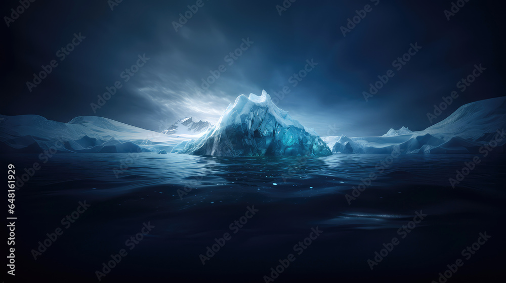 An iceberg submerged in the ocean. Cloudy night sky and choppy water.