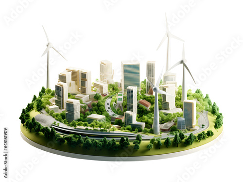 Model of eco city with ecology electric energy, isolated on a white background, isometric view, ecology concept, realistic design illustration, generative ai